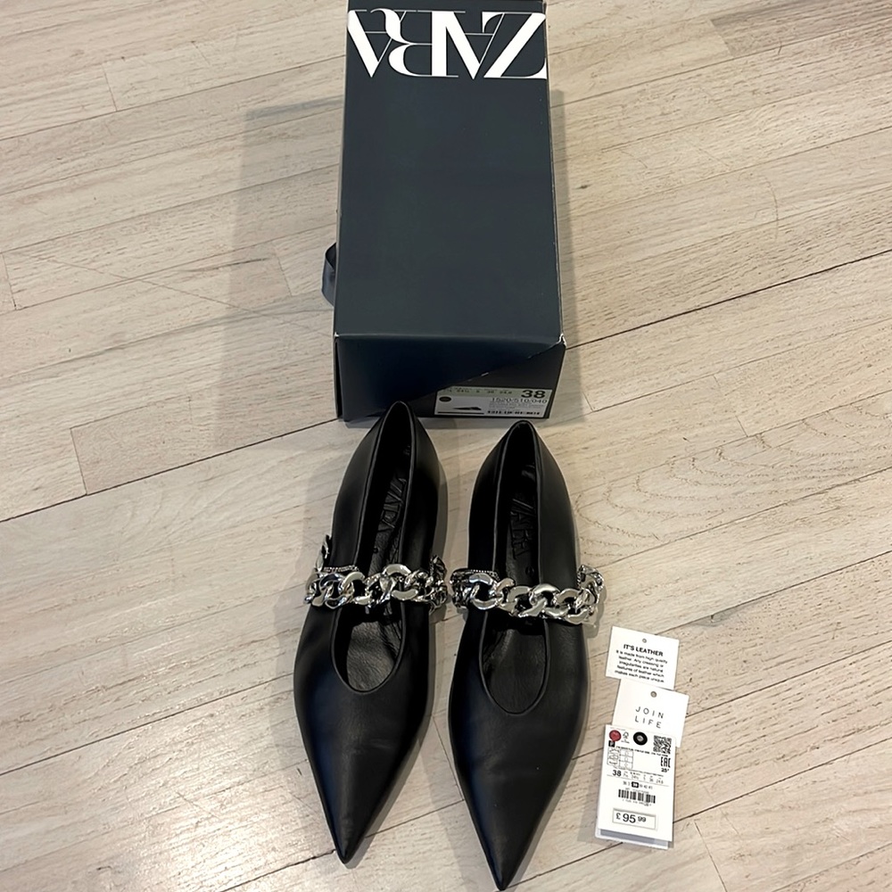 Zara leather double chain ballet flats with pointed toes.